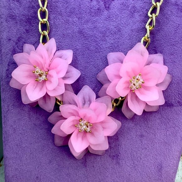 Floral Necklace Statement in Pink and Gold - Picture 1 of 3